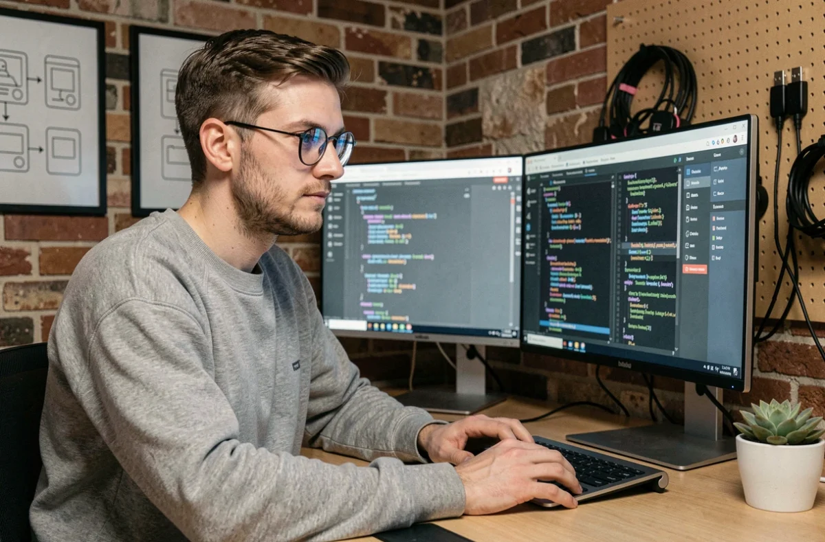 Développeur web de Web Studios à Dreux travaillant sur un projet de site web devant deux écrans