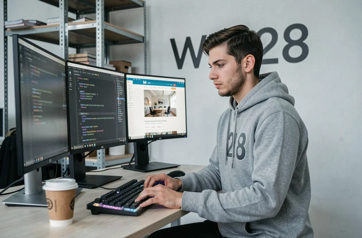 Développeur de WEB28 codant un site web pour une entreprise locale depuis son poste de travail