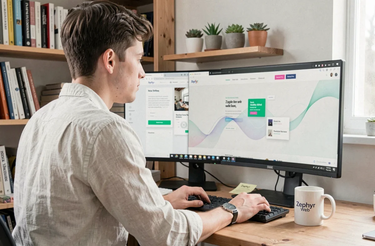 Designer web de Zephyr Web travaillant sur une interface moderne dans un studio créatif